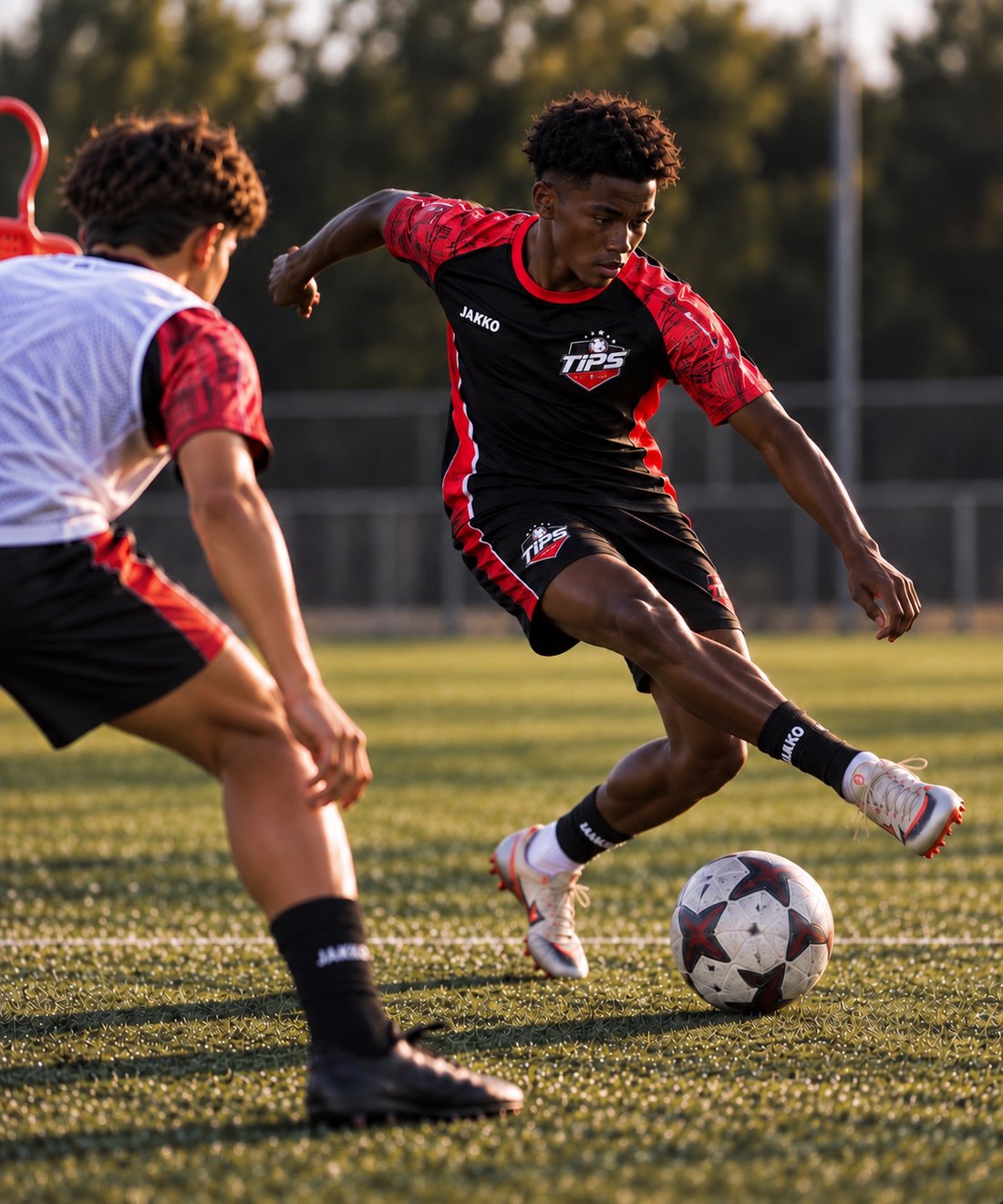 Spelers in het zwart-rode TIPS × JAKO tenue tijdens een training